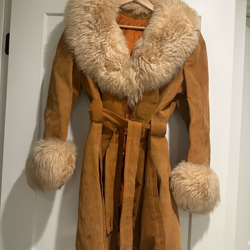 Women's Tan Suede Coat with Faux Fur Collar and Cuffs